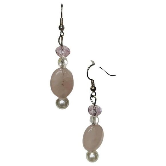 Vintage White Pearl Pink Quartz Crystal Drop Pierced Dangle Silver Tone Earrings - Picture 3 of 5